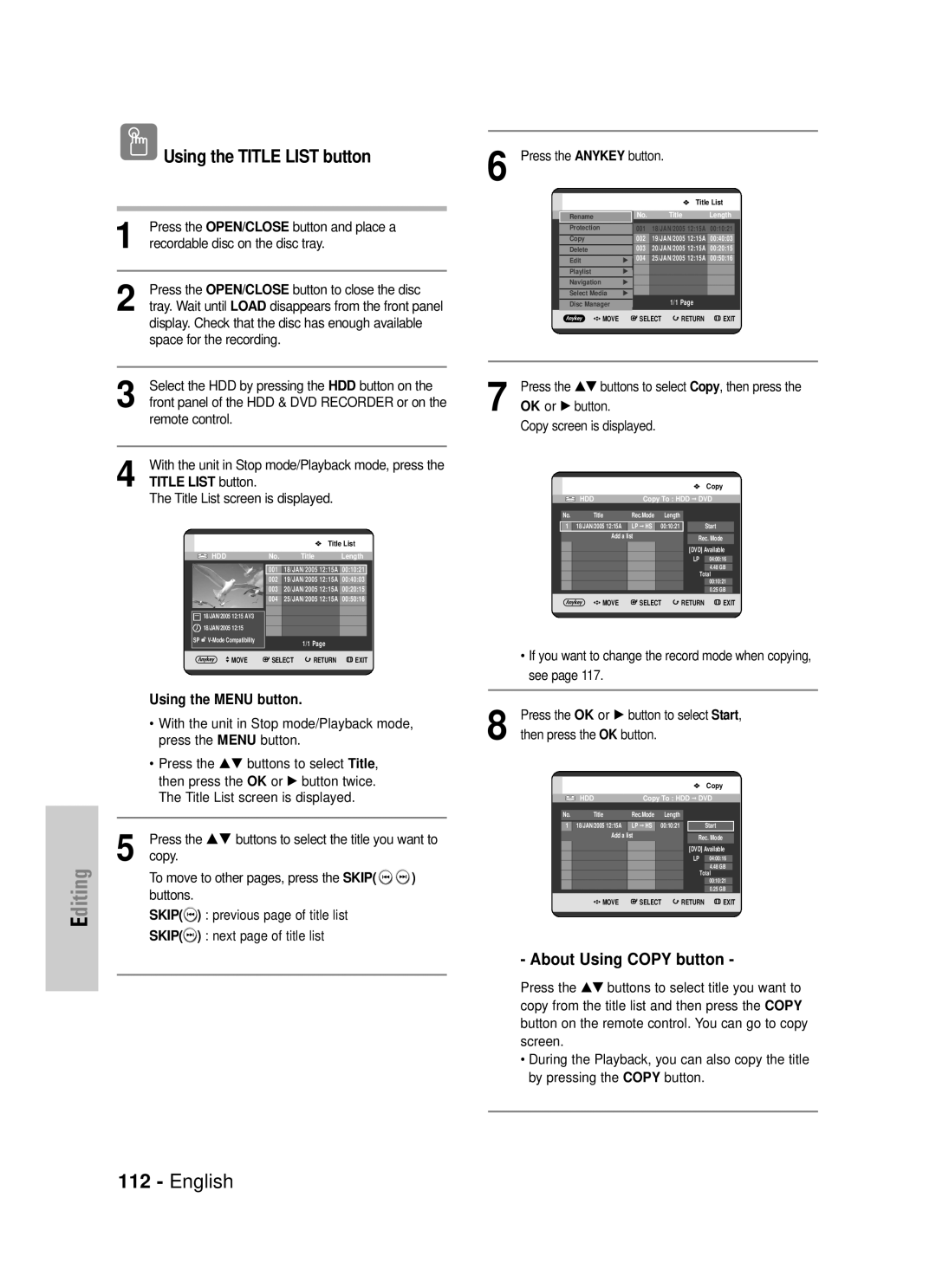 Samsung DVD-HR725/XEF, DVD-HR725P About Using Copy button, Select the HDD by pressing the HDD button on, Remote control 