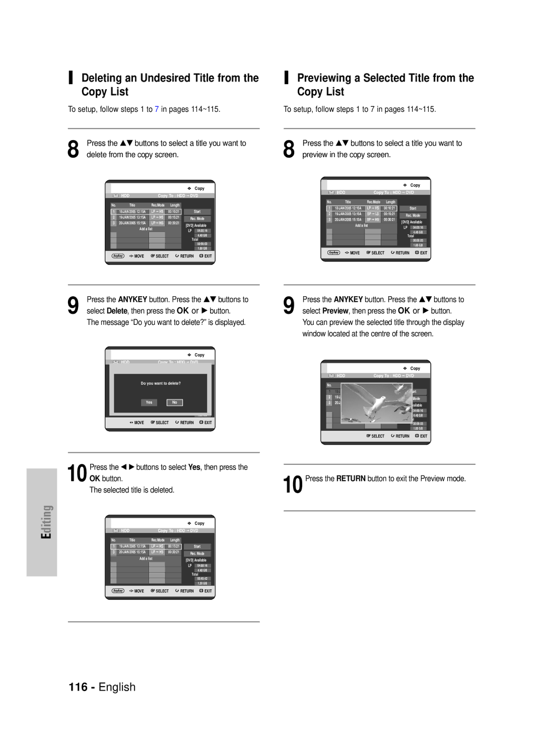 Samsung DVD-HR725/XEF manual Deleting an Undesired Title from the Copy List, Previewing a Selected Title from the Copy List 