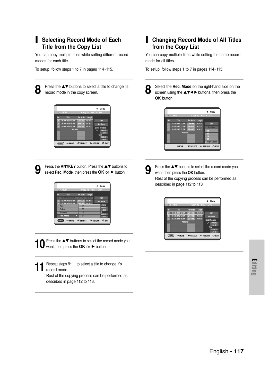 Samsung DVD-HR725P, DVD-HR725/XEF manual Selecting Record Mode of Each Title from the Copy List 