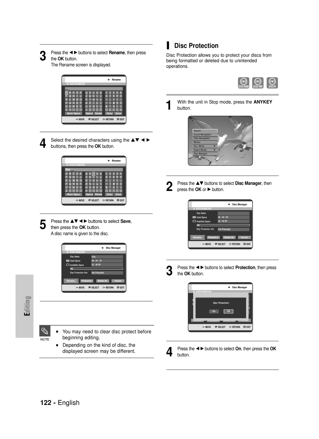 Samsung DVD-HR725/XEF, DVD-HR725P manual Disc Protection, You may need to clear disc protect before Beginning editing 