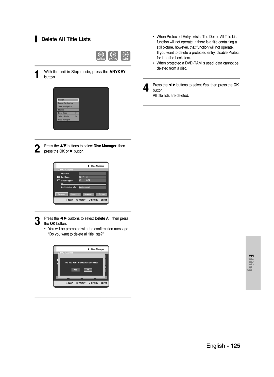 Samsung DVD-HR725P, DVD-HR725/XEF manual Delete All Title Lists 