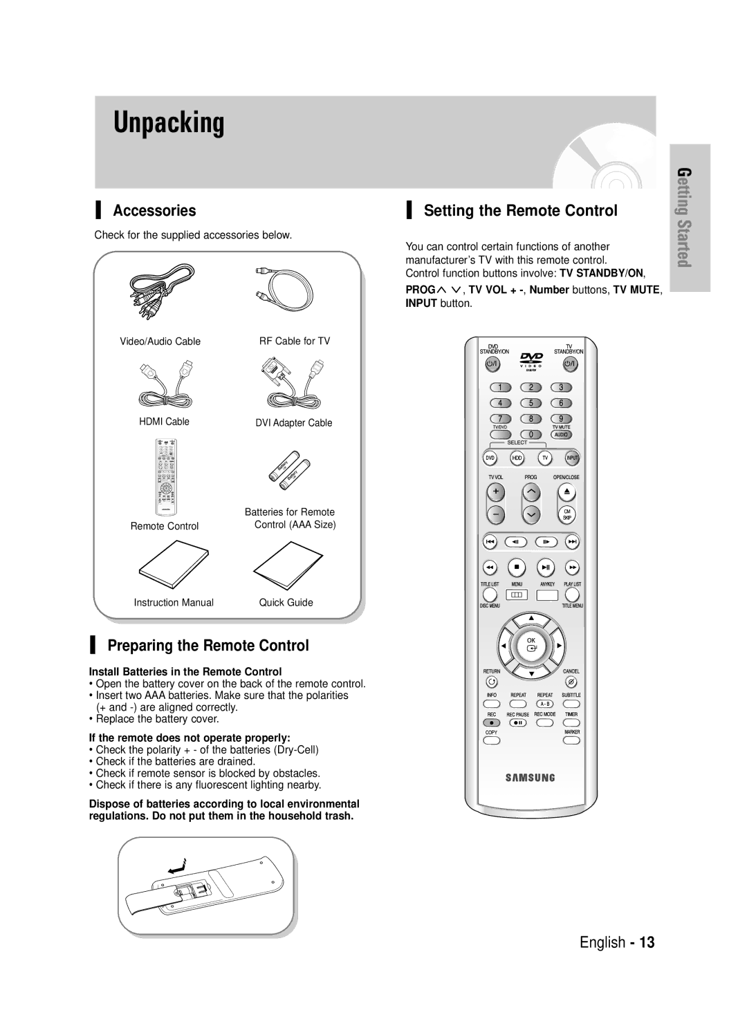 Samsung DVD-HR725P, DVD-HR725/XEF manual Unpacking, Accessories, Preparing the Remote Control, Setting the Remote Control 