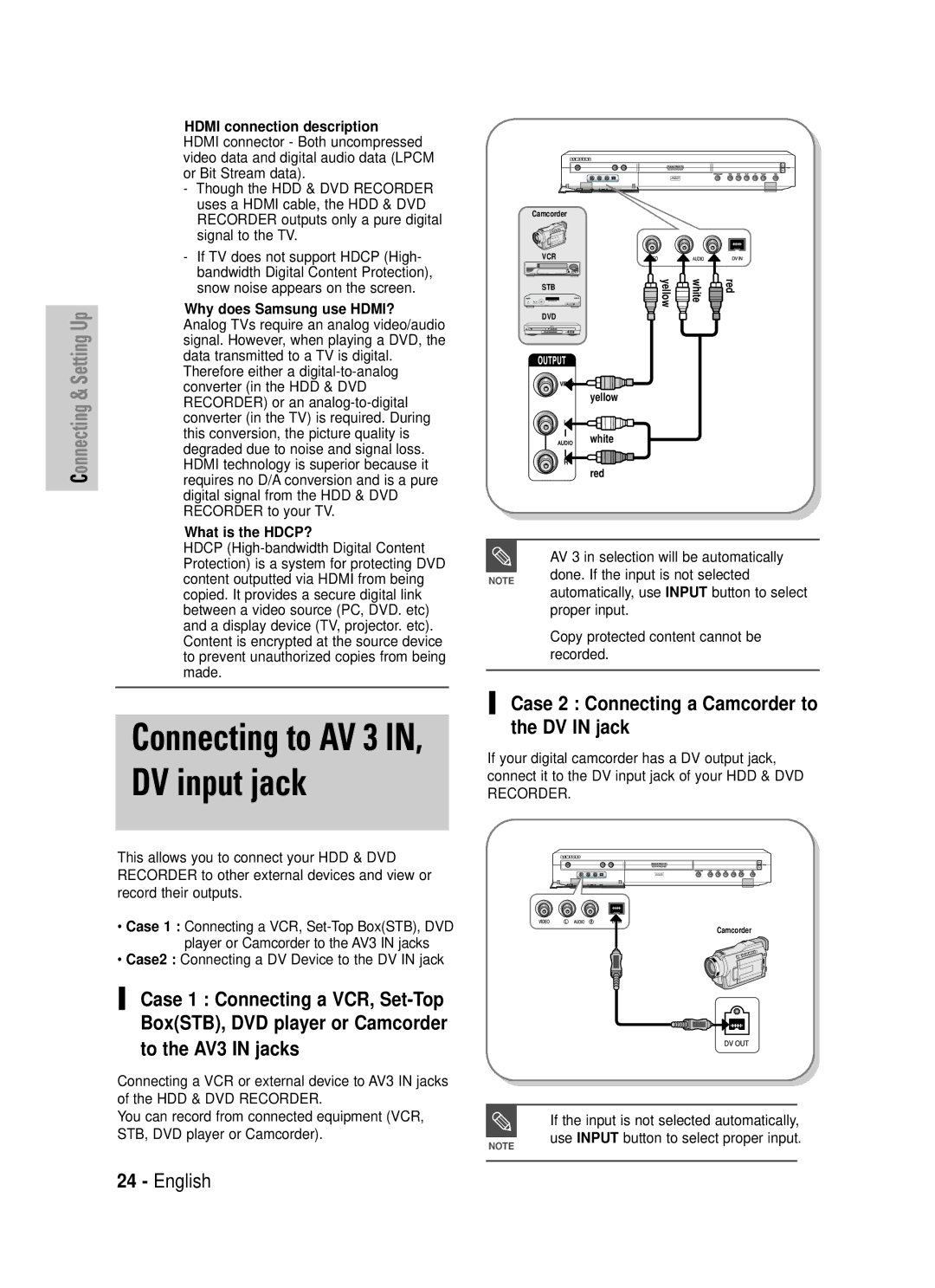 Samsung DVD-HR725/XEF Case 2 Connecting a Camcorder to the DV in jack, Case2 Connecting a DV Device to the DV in jack 