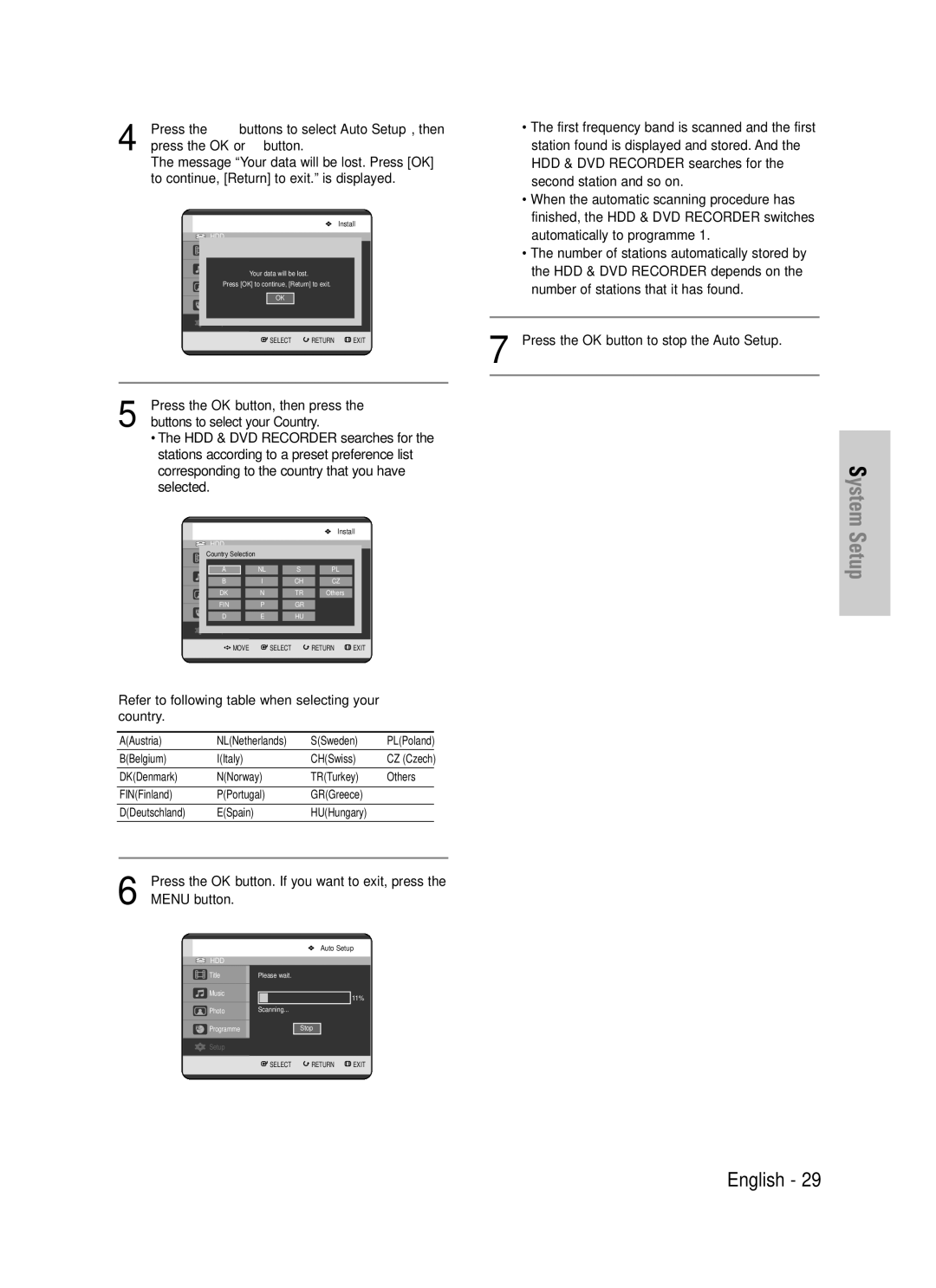 Samsung DVD-HR725P, DVD-HR725/XEF manual Refer to following table when selecting your country 