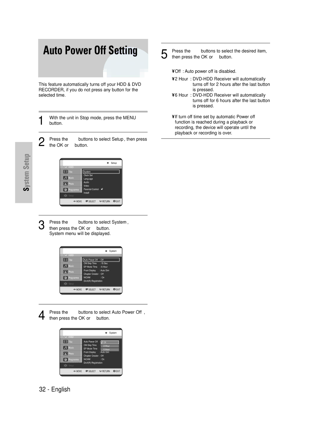 Samsung DVD-HR725/XEF, DVD-HR725P manual Auto Power Off Setting 