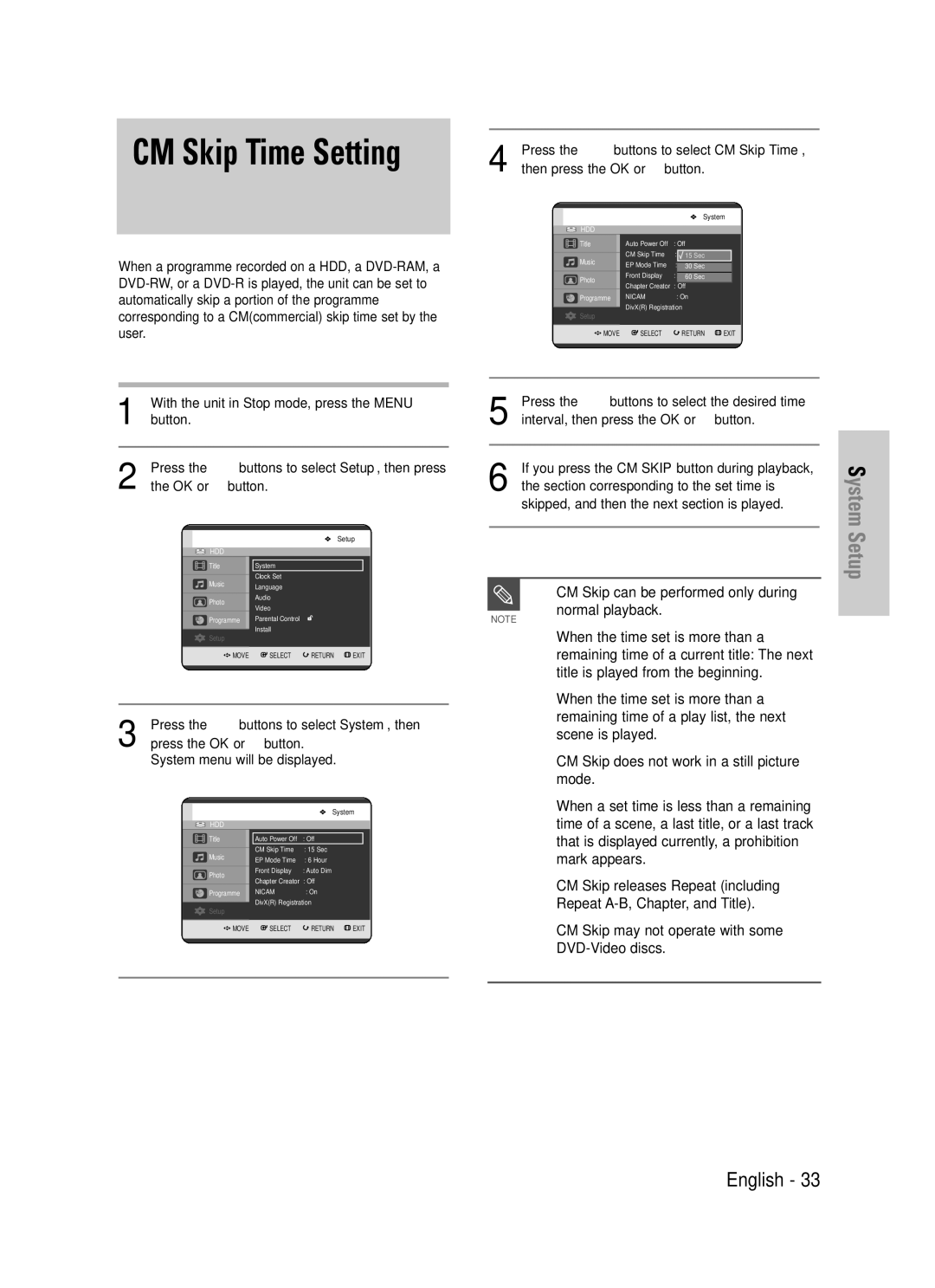 Samsung DVD-HR725P manual CM Skip can be performed only during normal playback, Title is played from the beginning, Mode 