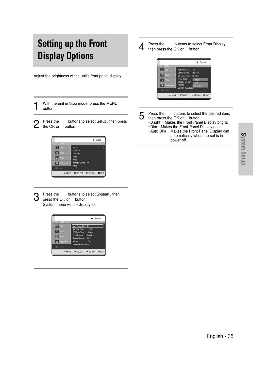 Samsung DVD-HR725P, DVD-HR725/XEF Setting up the Front Display Options, Press the …† buttons to select the desired item 