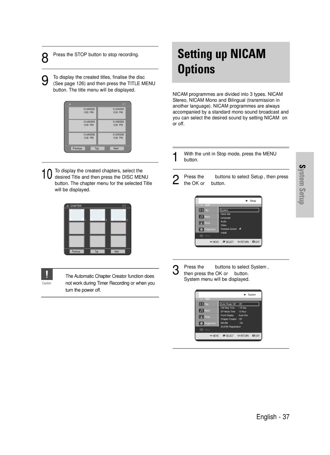 Samsung DVD-HR725P manual Press the Stop button to stop recording, To display the created titles, finalise the disc 