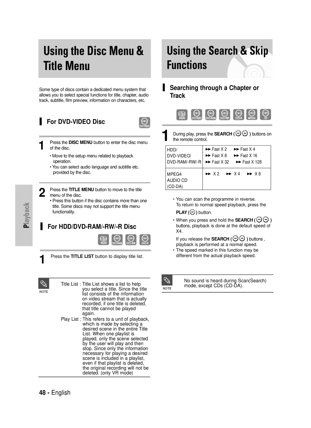 Samsung DVD-HR725/XEF, DVD-HR725P manual Title Menu, Functions, Using the Search & Skip, For HDD/DVD-RAM/-RW/-R Disc 