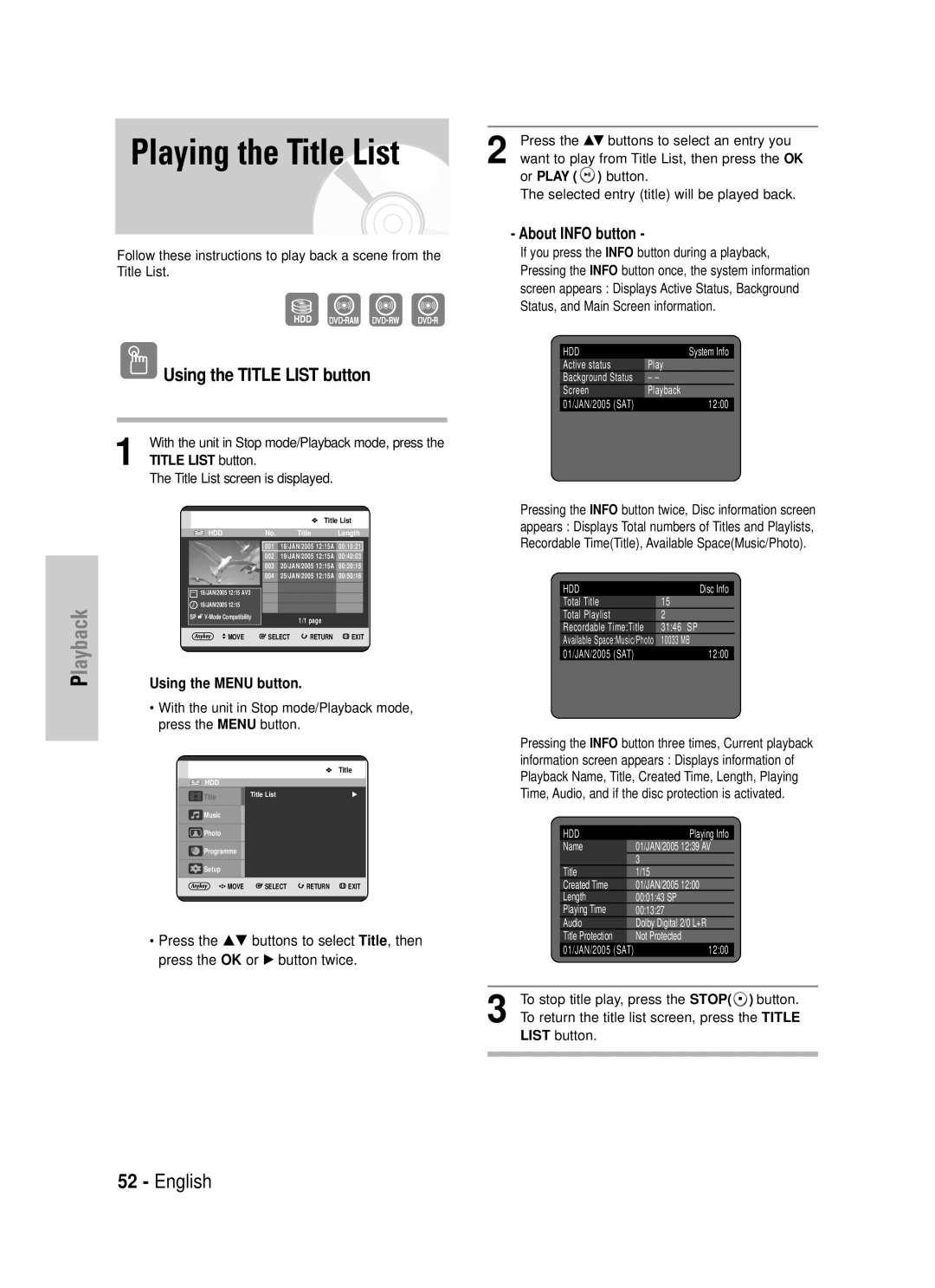 Samsung DVD-HR725/XEF, DVD-HR725P manual Playing the Title List, Using the Title List button, About Info button 