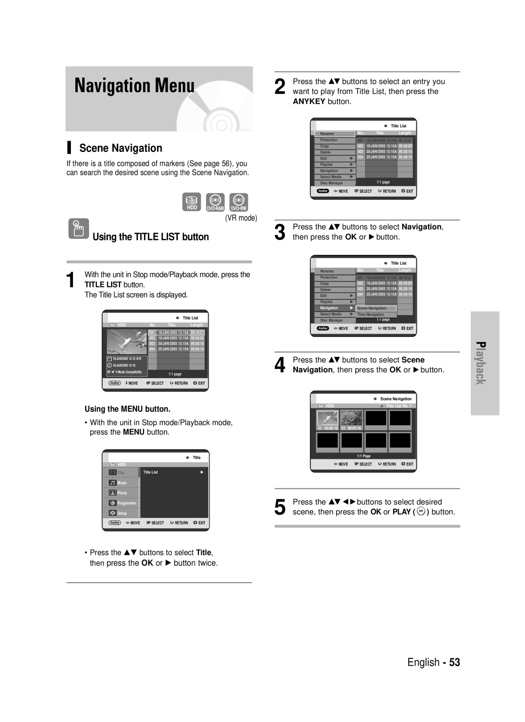 Samsung DVD-HR725P, DVD-HR725/XEF manual Navigation Menu, Scene Navigation, VR mode, Title List button 