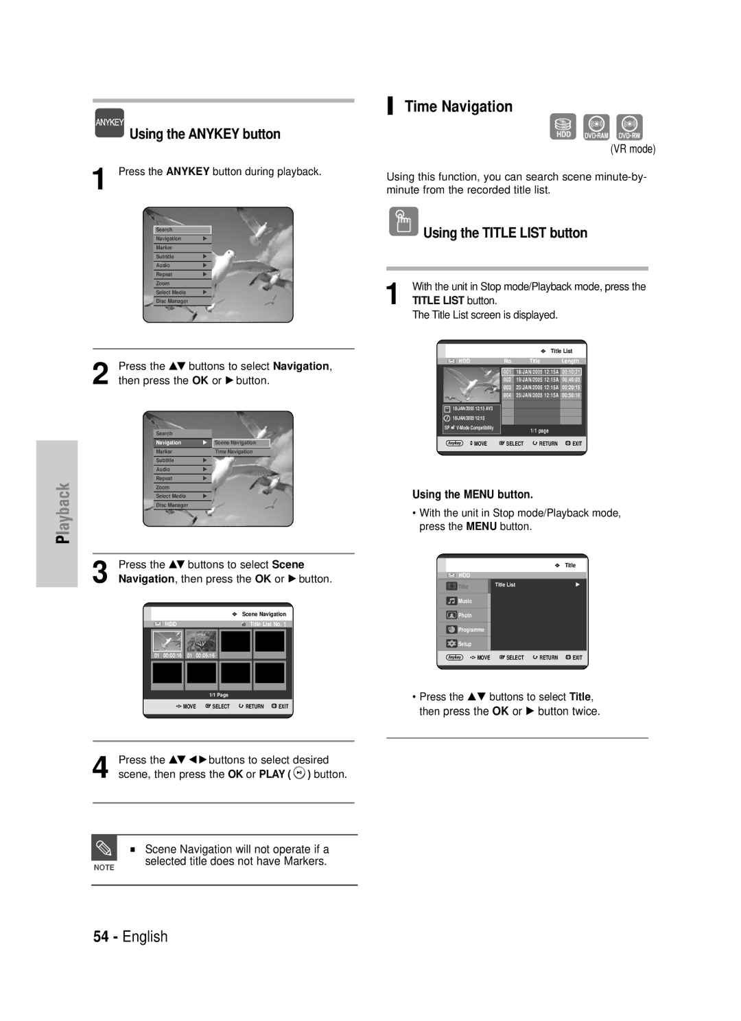 Samsung DVD-HR725/XEF, DVD-HR725P manual Time Navigation, Using the Anykey button, Scene Navigation will not operate if a 