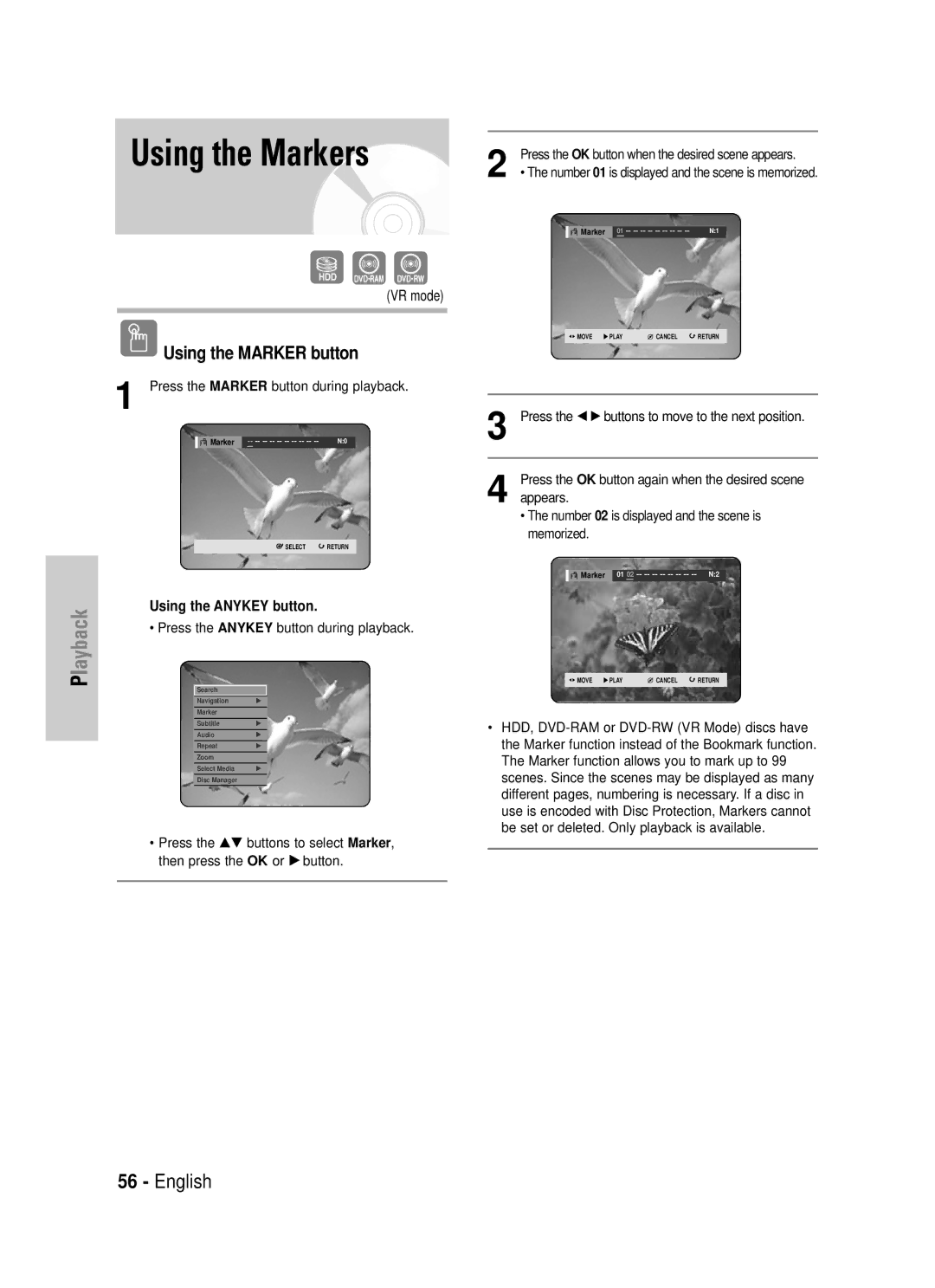 Samsung DVD-HR725/XEF, DVD-HR725P manual Using the Markers, Using the Marker button, Press the Marker button during playback 