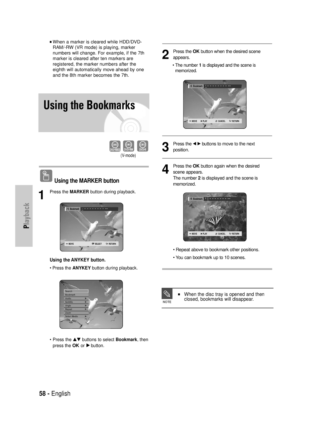 Samsung DVD-HR725/XEF, DVD-HR725P manual When the disc tray is opened and then, Closed, bookmarks will disappear, Mode 