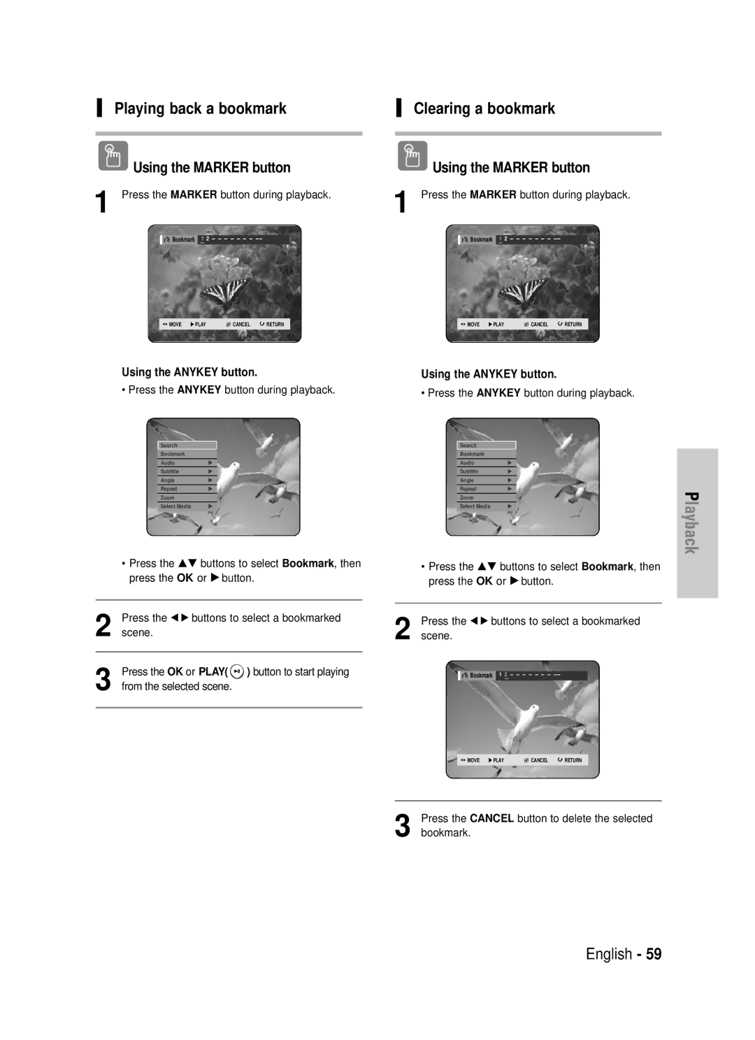 Samsung DVD-HR725P, DVD-HR725/XEF manual From the selected scene, Press the Cancel button to delete the selected bookmark 