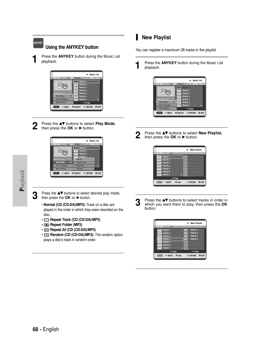 Samsung DVD-HR725/XEF, DVD-HR725P manual Repeat Track CD CD-DA/MP3, Press the …† buttons to select New Playlist 