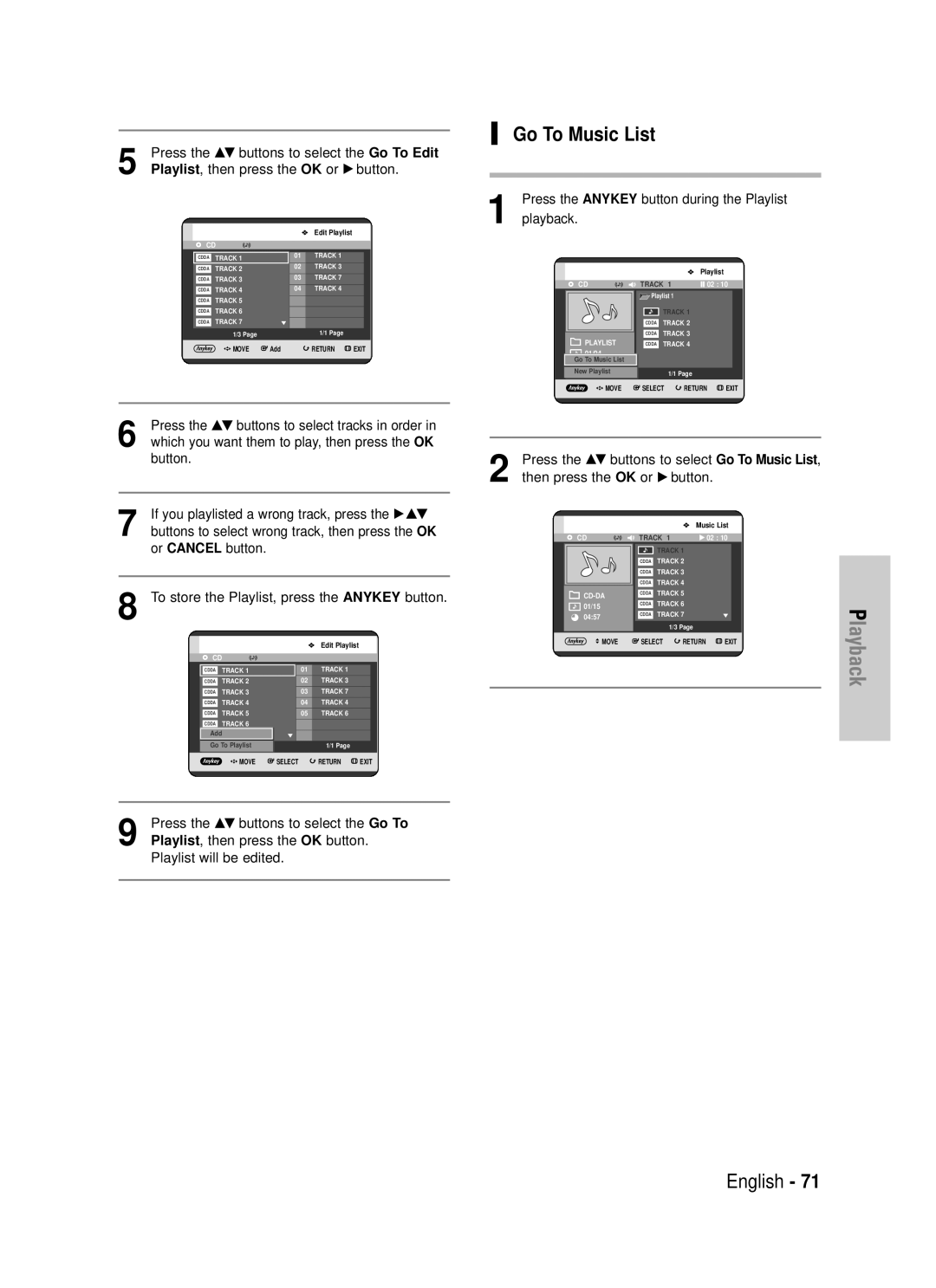 Samsung DVD-HR725P, DVD-HR725/XEF Go To Music List, Press the …† buttons to select the Go To Edit, Playlist will be edited 