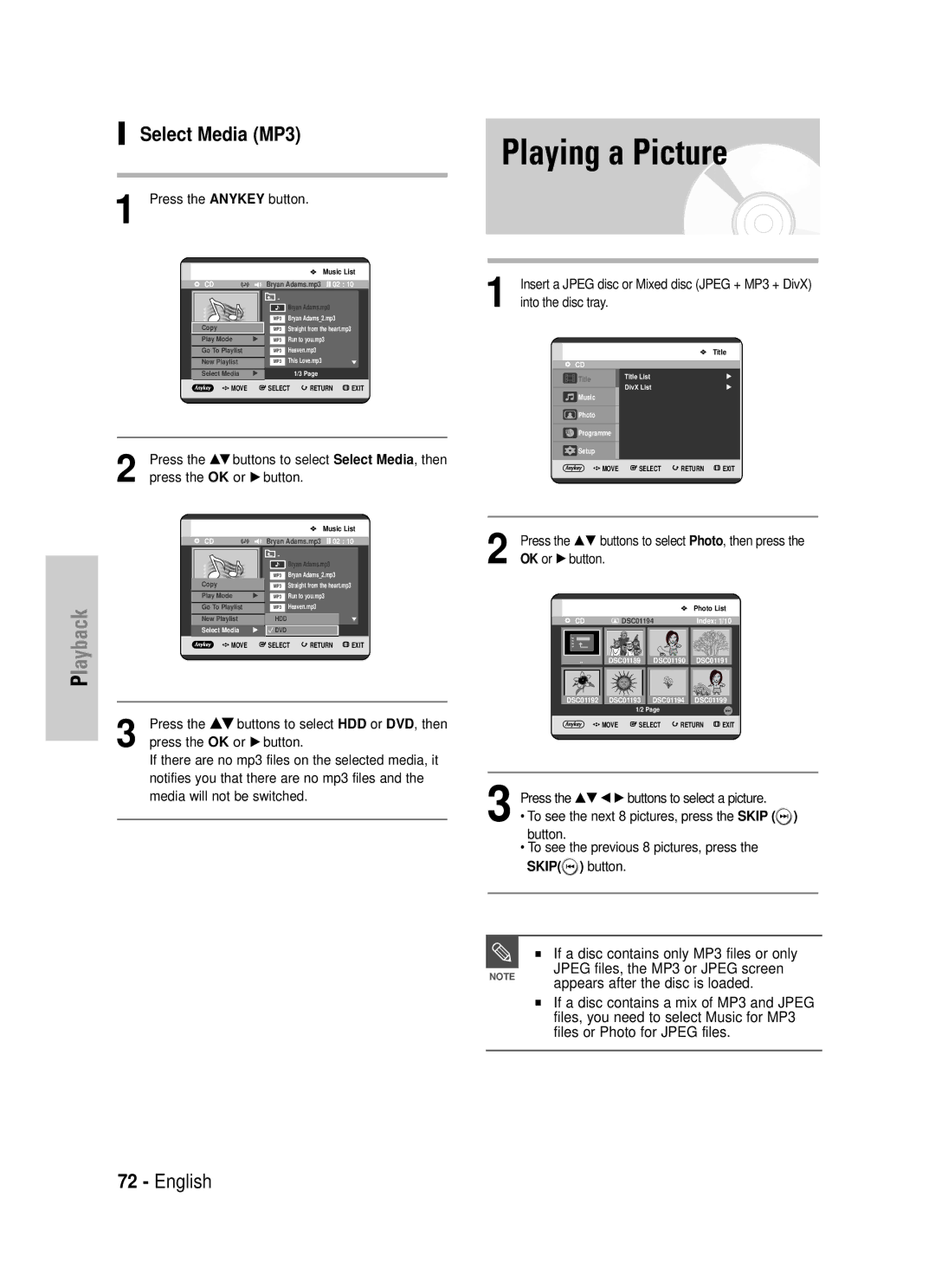 Samsung DVD-HR725/XEF, DVD-HR725P manual Playing a Picture, Select Media MP3, Press the …† œ √ buttons to select a picture 