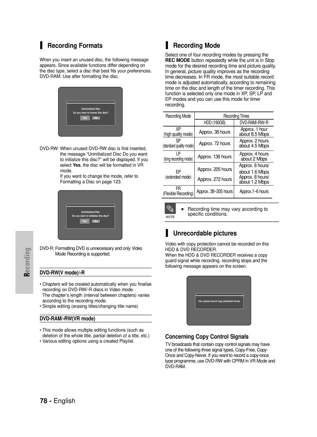 Samsung DVD-HR725/XEF manual Recording Formats, Recording Mode, Unrecordable pictures, Concerning Copy Control Signals 