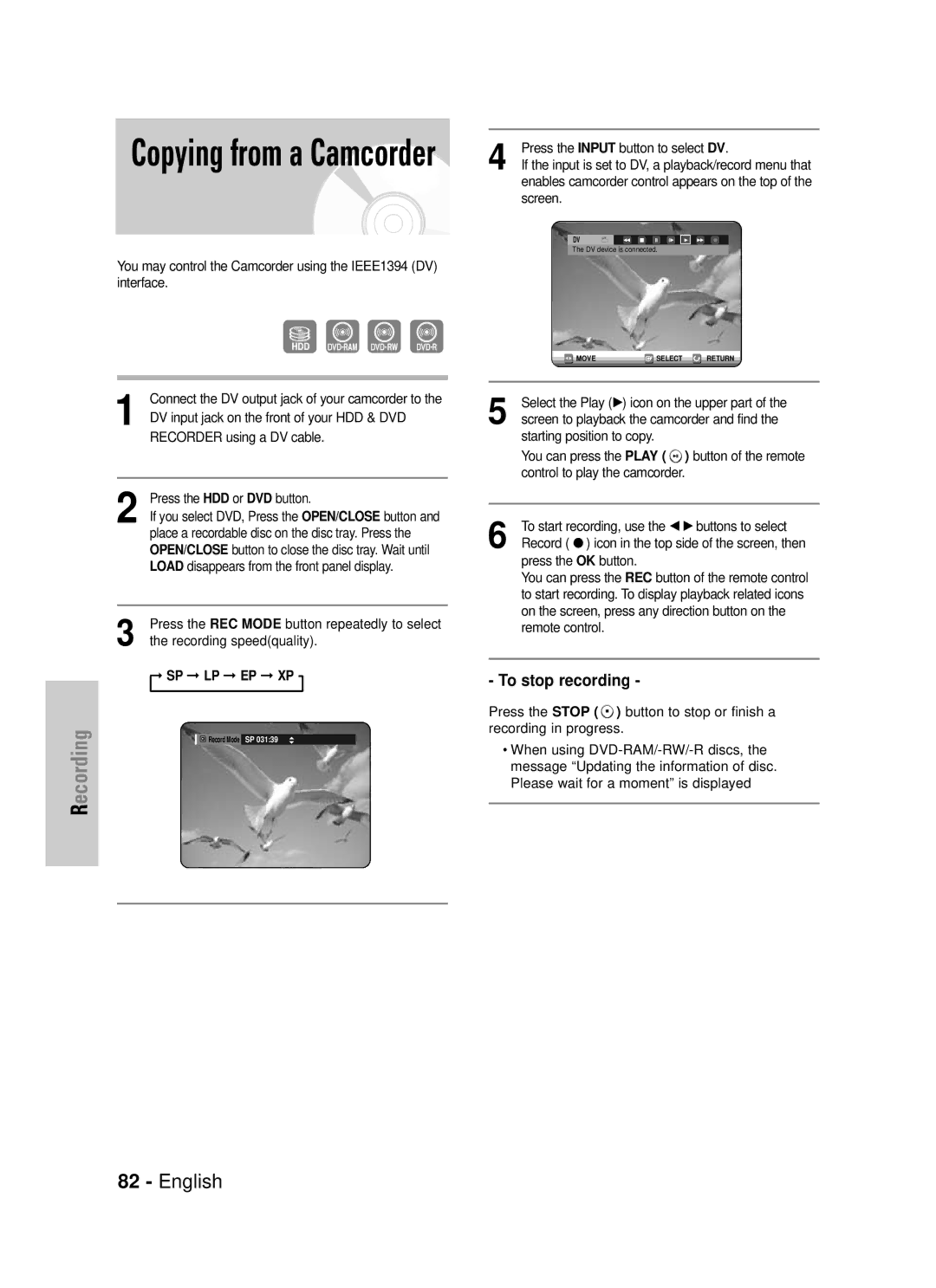 Samsung DVD-HR725/XEF, DVD-HR725P manual Copying from a Camcorder 