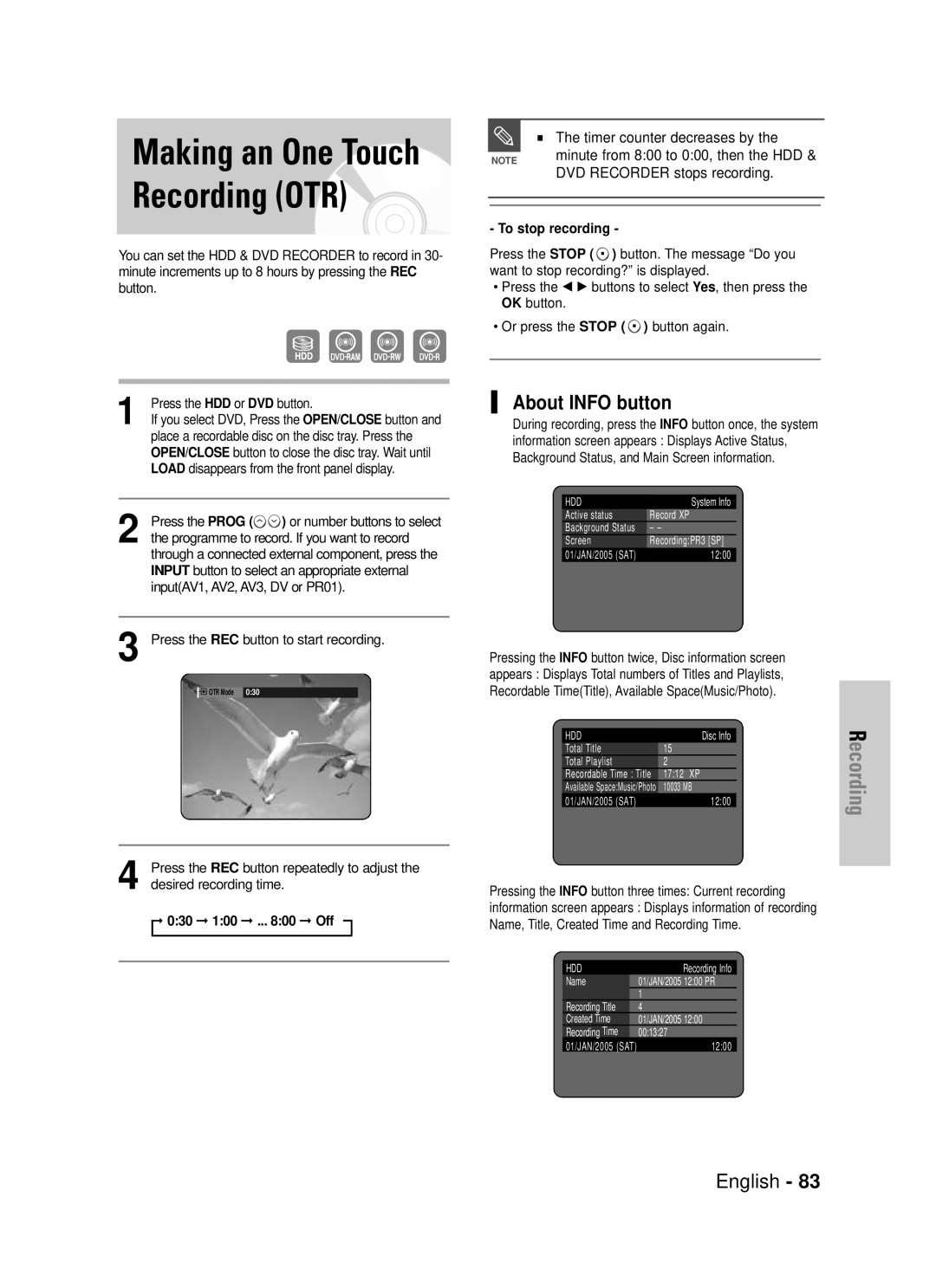 Samsung DVD-HR725P, DVD-HR725/XEF manual Making an One Touch Recording OTR, About Info button, Timer counter decreases by 