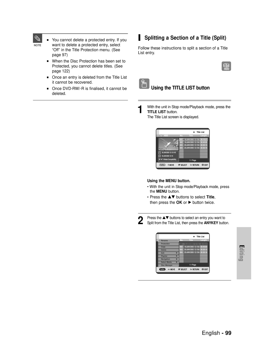 Samsung DVD-HR725P manual Splitting a Section of a Title Split, Split from the Title List, then press the Anykey button 