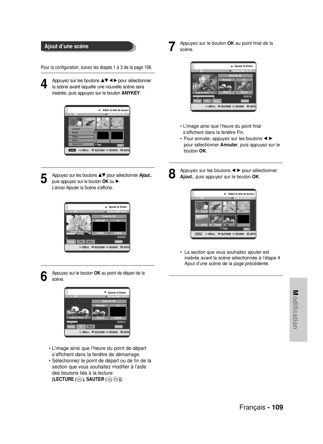 Samsung DVD-HR725P, DVD-HR725/XEF manual 109, Scène, …† pour sélectionner Ajout 