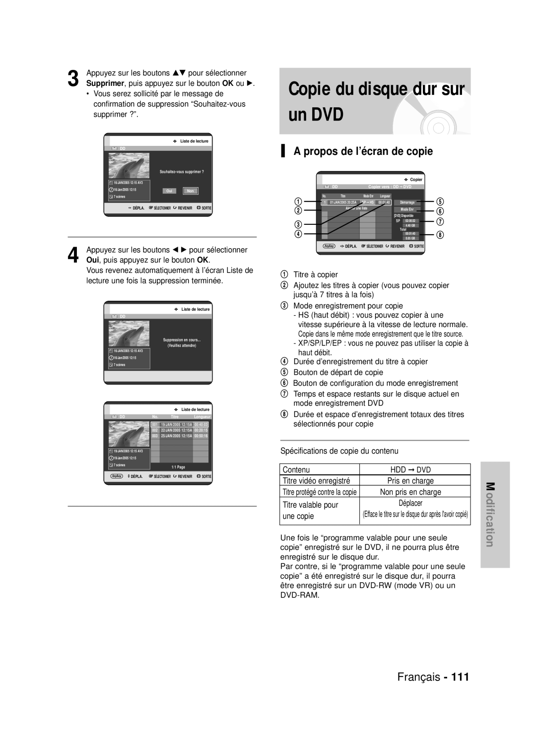 Samsung DVD-HR725P manual Propos de l’écran de copie, 111, Vidéo enregistré, En charge, Valable pour Déplacer Une copie 