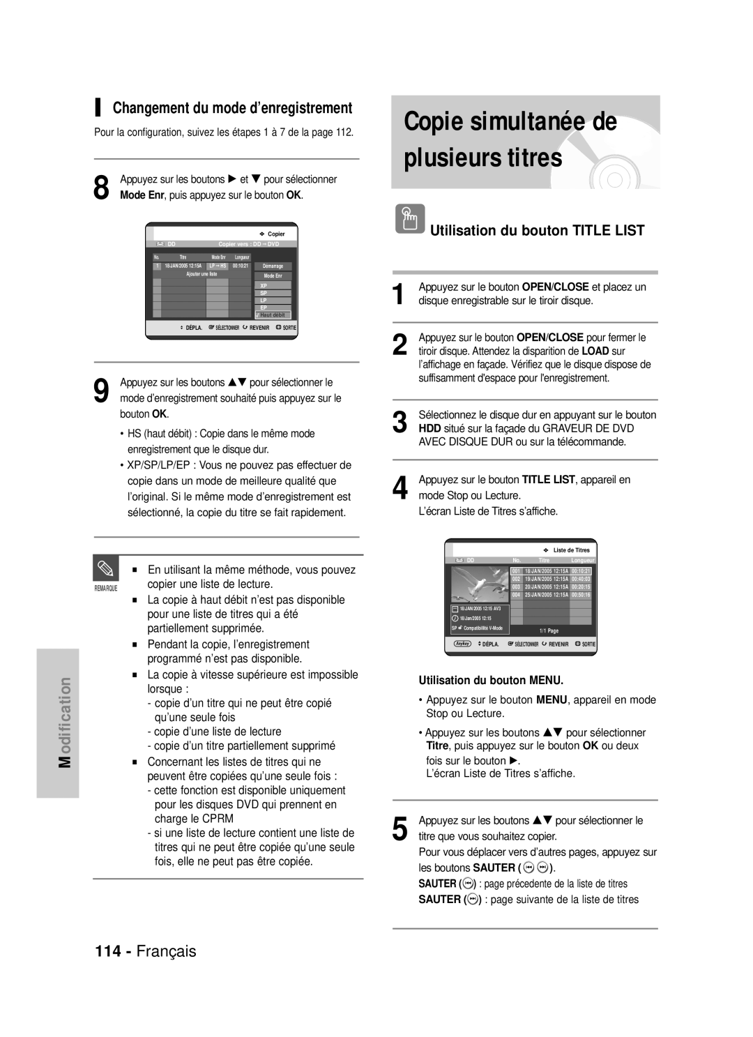 Samsung DVD-HR725/XEF, DVD-HR725P manual Changement du mode d’enregistrement, Utilisation du bouton Title List 