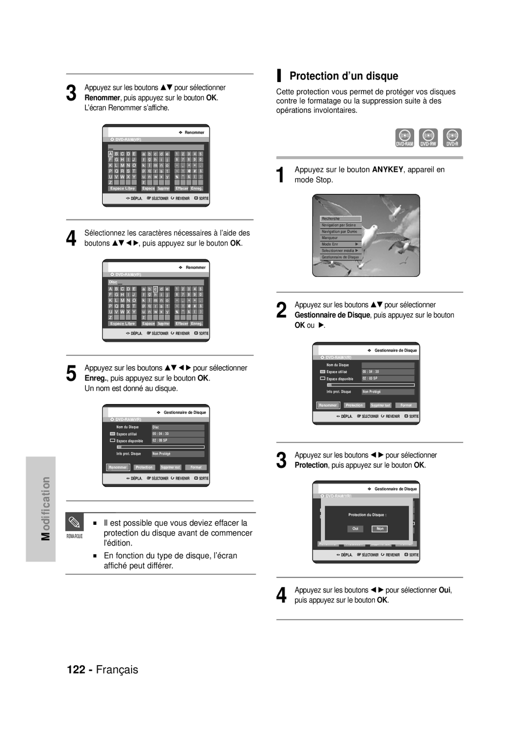 Samsung DVD-HR725/XEF, DVD-HR725P Protection d’un disque, Lédition, ’écran Renommer s’affiche, …† œ √ pour sélectionner 