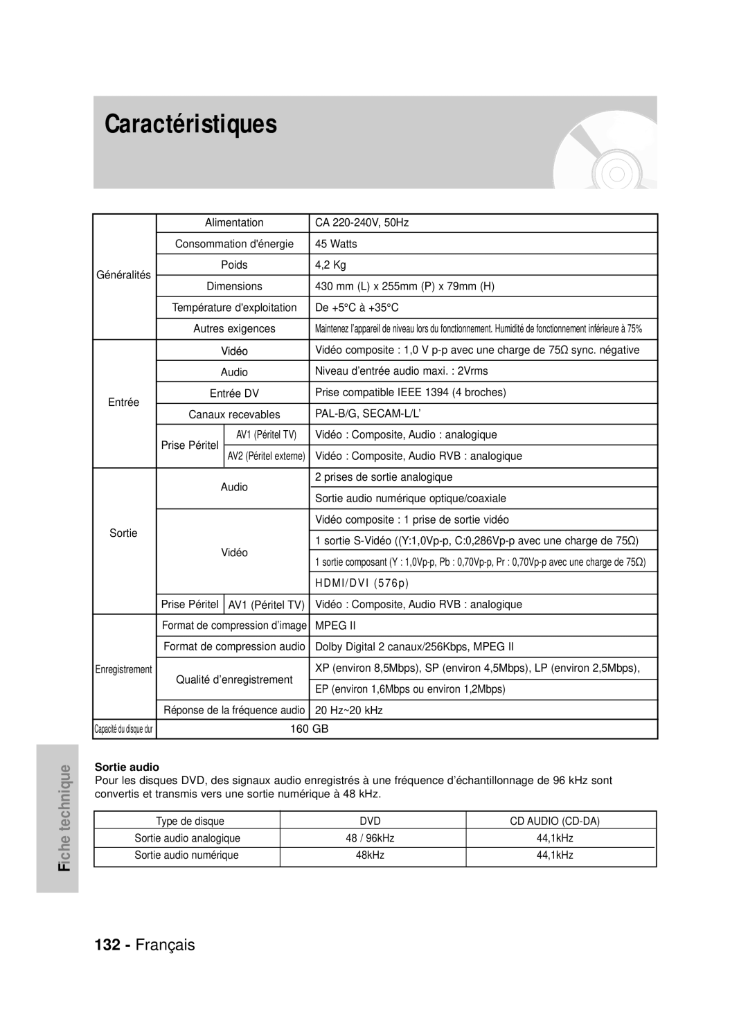 Samsung DVD-HR725/XEF, DVD-HR725P manual Pal-B/G, Secam-L/L’, Mpeg, Sortie audio, DVD CD Audio CD-DA 