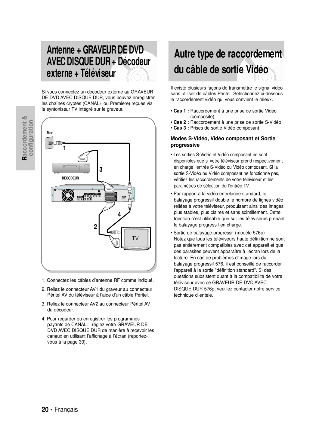 Samsung DVD-HR725/XEF Modes S-Vidéo, Vidéo composant et Sortie progressive, Sortie de balayage progressif modèle 576p 