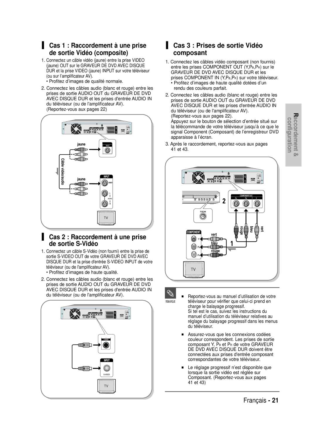 Samsung DVD-HR725P, DVD-HR725/XEF Cas 3 Prises de sortie Vidéo composant, Cas 2 Raccordement à une prise de sortie S-Vidéo 