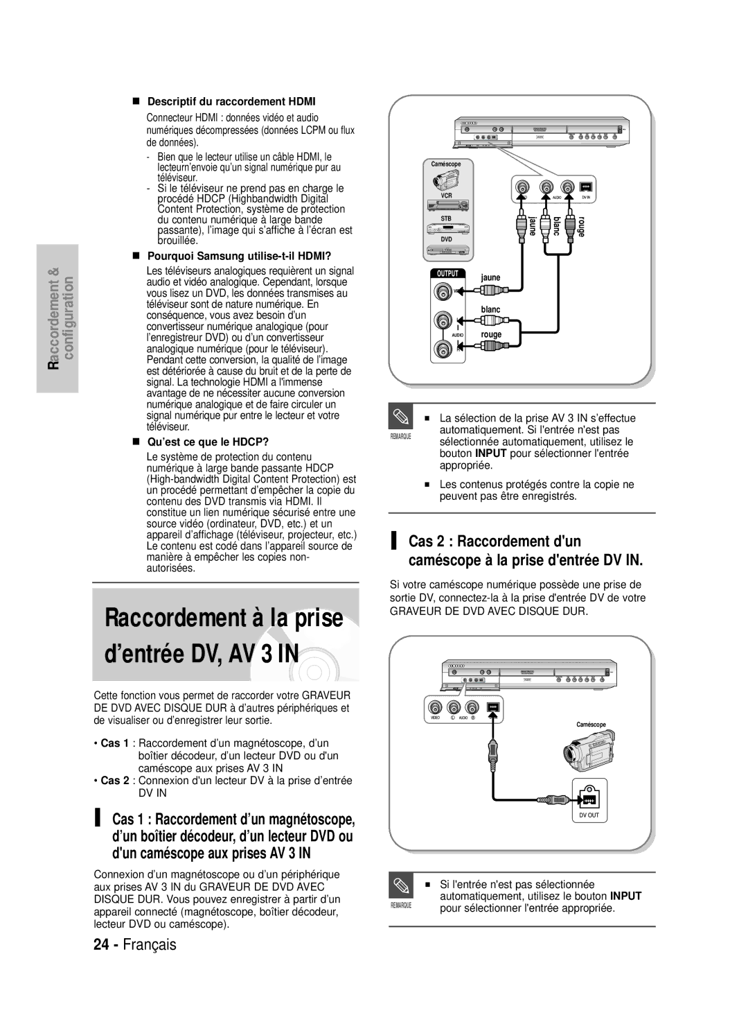 Samsung DVD-HR725/XEF Raccordement à la prise d’entrée DV, AV 3, Cas 2 Raccordement dun Caméscope à la prise dentrée DV 