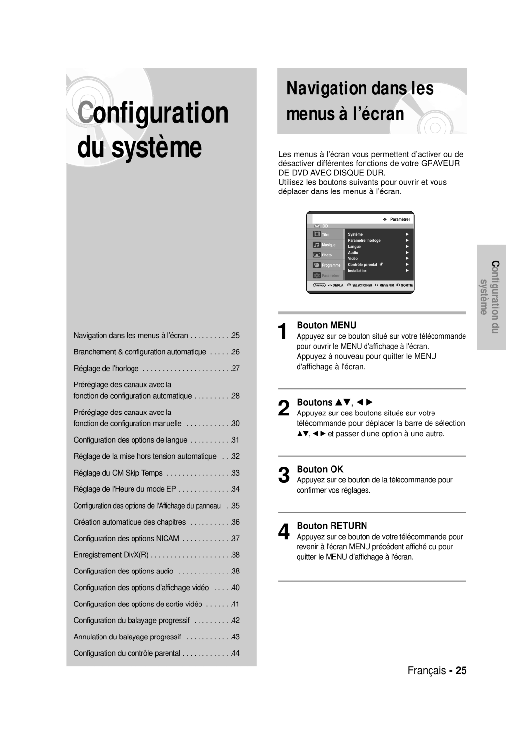 Samsung DVD-HR725P, DVD-HR725/XEF manual Bouton Menu, Boutons …†, œ √, Bouton OK, Bouton Return 