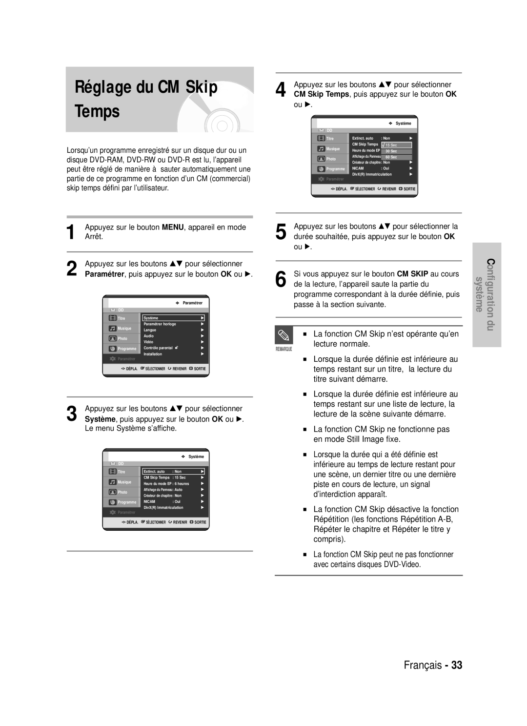 Samsung DVD-HR725P, DVD-HR725/XEF manual Réglage du CM Skip Temps 