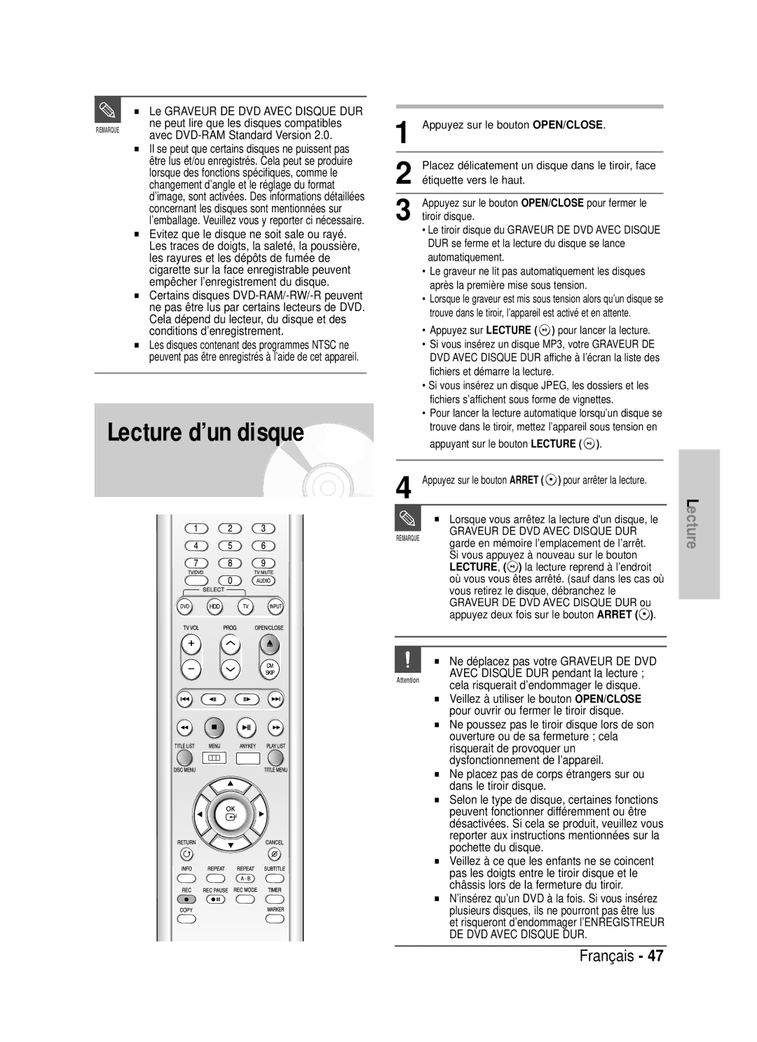 Samsung DVD-HR725P manual Lecture d’un disque, Le Graveur DE DVD Avec Disque DUR, Certains disques DVD-RAM/-RW/-R peuvent 