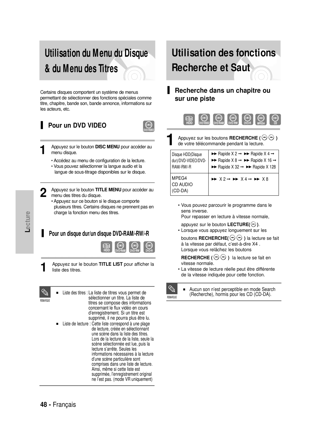 Samsung DVD-HR725/XEF Utilisation des fonctions Recherche et Saut, Pour un DVD Video, Recherche, hormis pour les CD CD-DA 