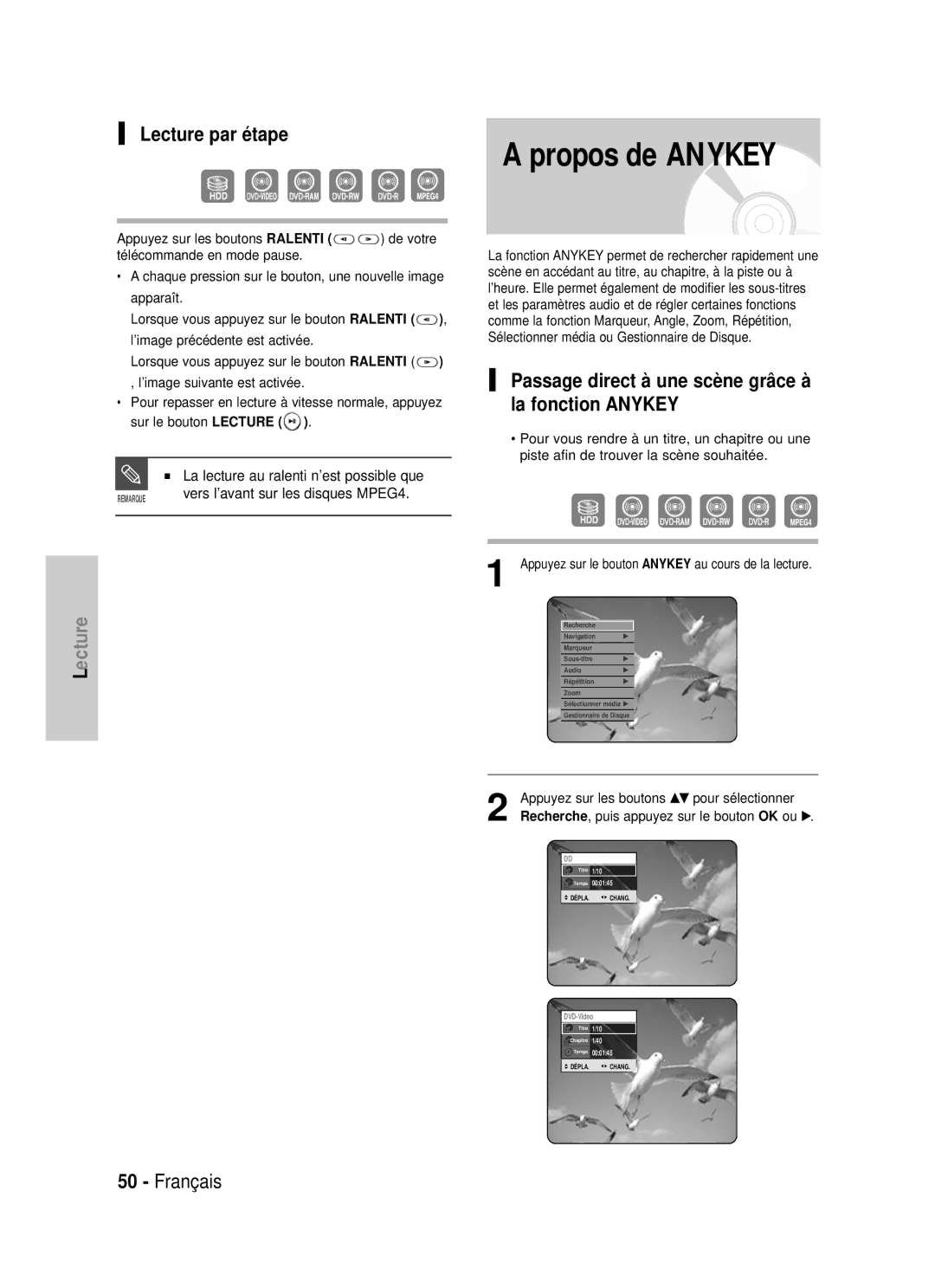 Samsung DVD-HR725/XEF, DVD-HR725P manual Lecture par étape, Passage direct à une scène grâce à la fonction Anykey, Ralenti 