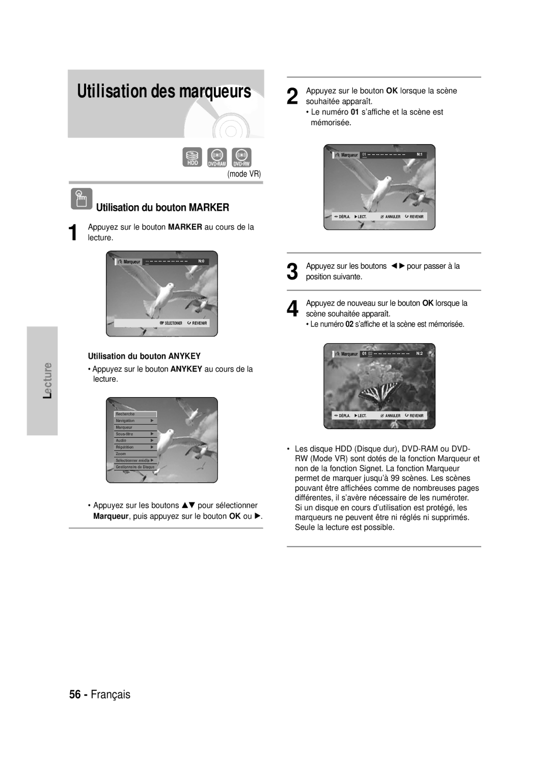 Samsung DVD-HR725/XEF Utilisation des marqueurs, Utilisation du bouton Marker, Lecture, √ pour passer à la, OK lorsque la 