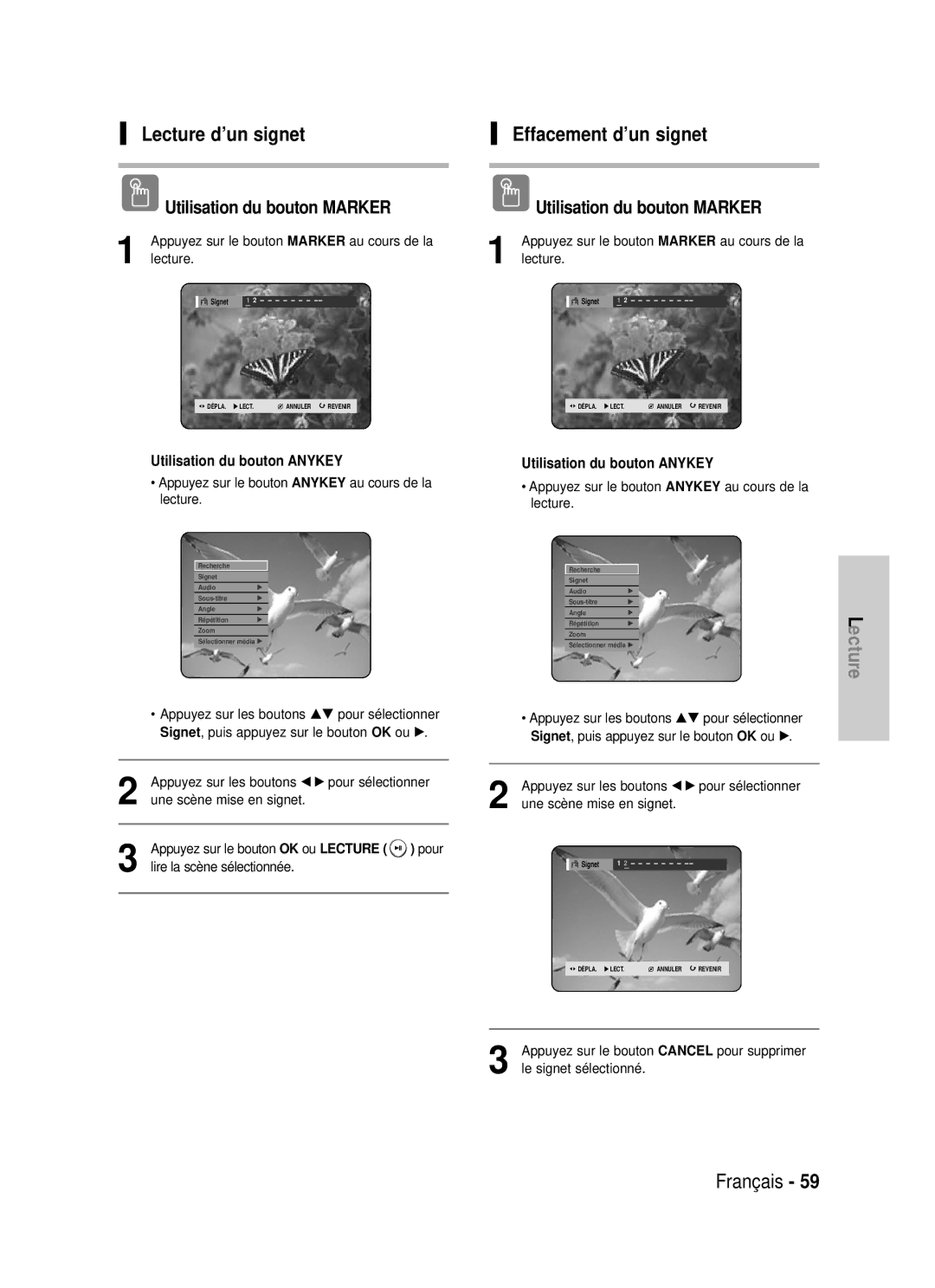 Samsung DVD-HR725P, DVD-HR725/XEF manual Lecture d’un signet, Effacement d’un signet, Pour, Cancel, Le signet sélectionné 