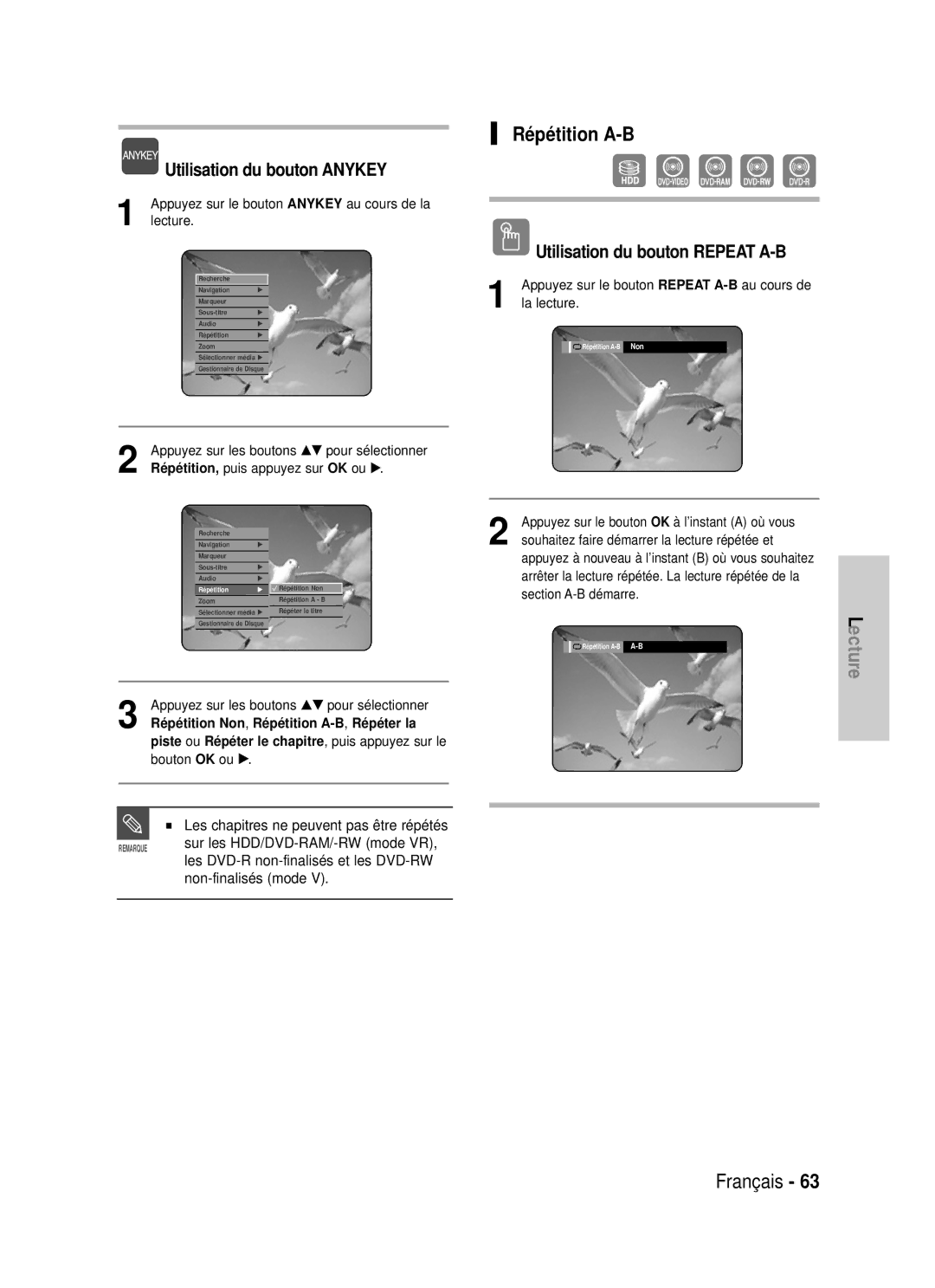 Samsung DVD-HR725P manual Répétition A-B, Utilisation du bouton Repeat A-B, Non-finalisés mode, Répéter la, Le bouton 