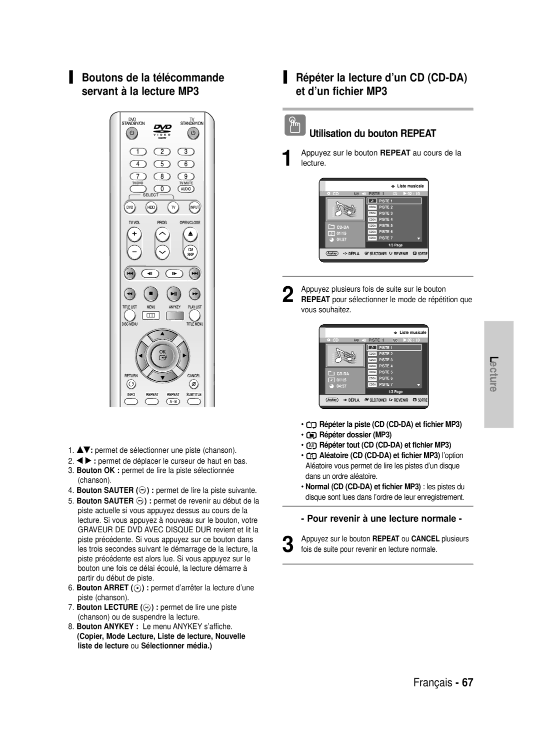 Samsung DVD-HR725P, DVD-HR725/XEF Pour revenir à une lecture normale, Répéter la lecture d’un CD CD-DA et d’un fichier MP3 