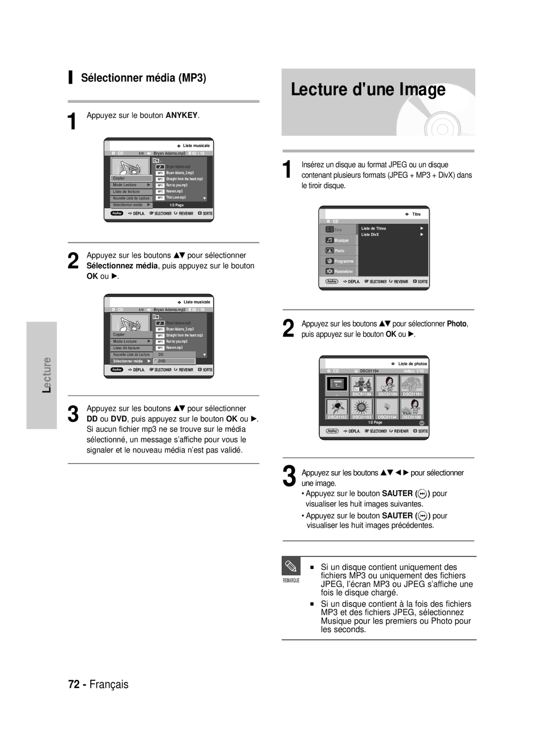 Samsung DVD-HR725/XEF, DVD-HR725P manual Lecture dune Image, Le tiroir disque, Une image, Sélectionner média MP3 