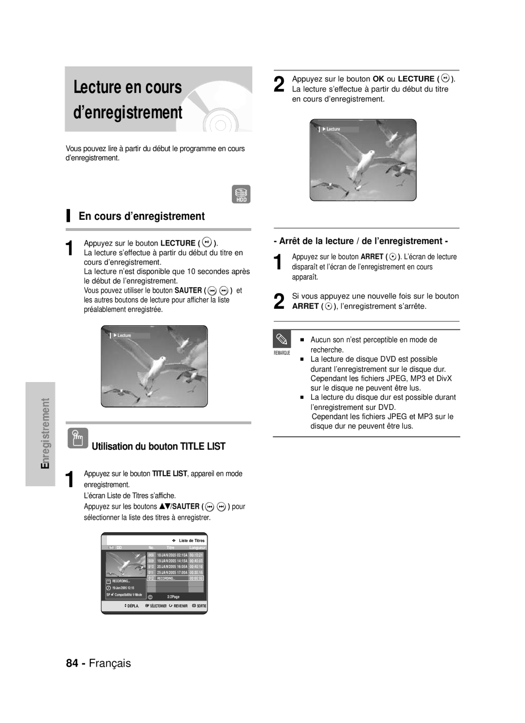 Samsung DVD-HR725/XEF manual En cours d’enregistrement, Arrêt de la lecture / de l’enregistrement, ’enregistrement s’arrête 