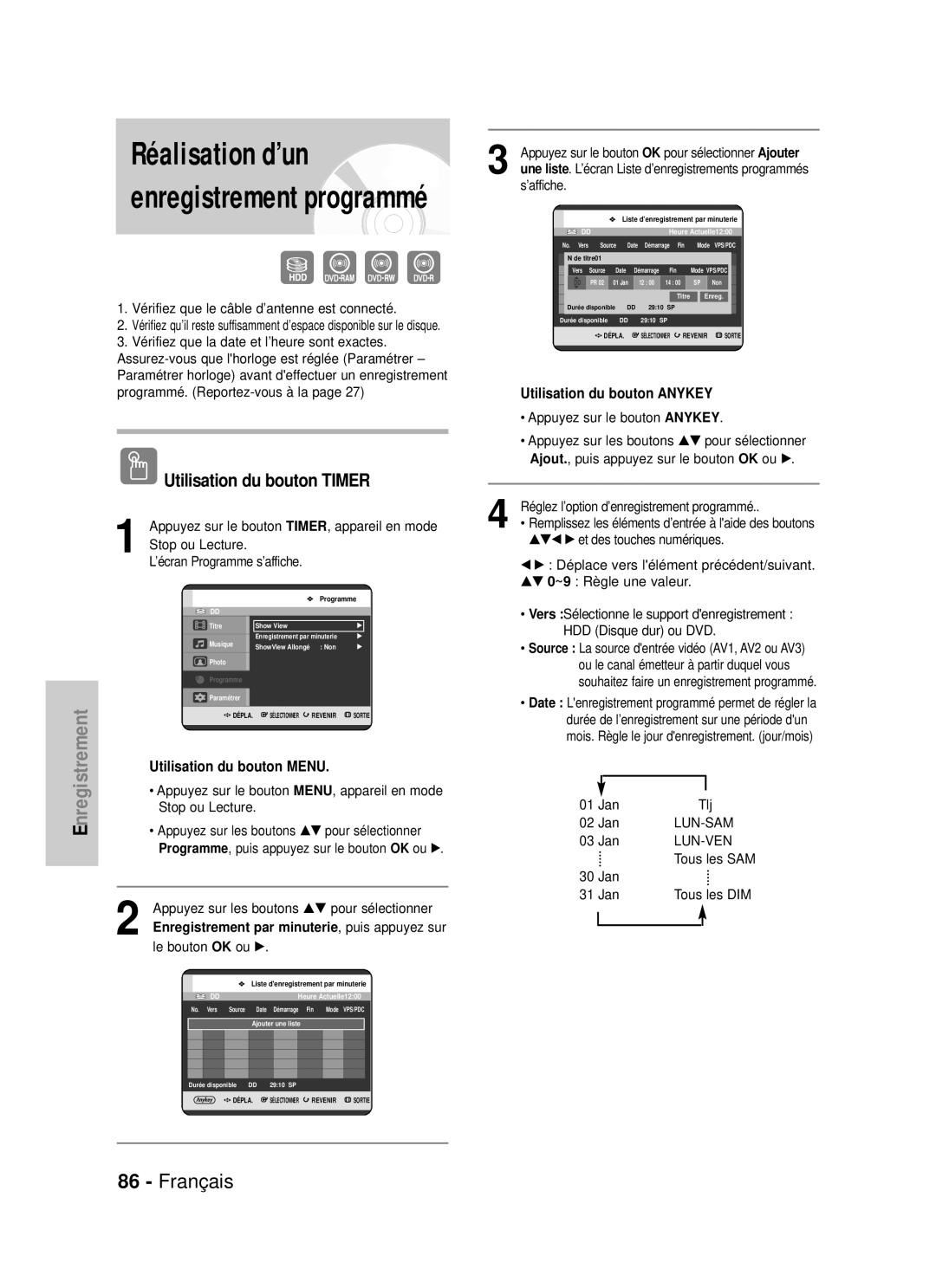 Samsung DVD-HR725/XEF, DVD-HR725P manual Utilisation du bouton Timer, Programme, Minuterie 