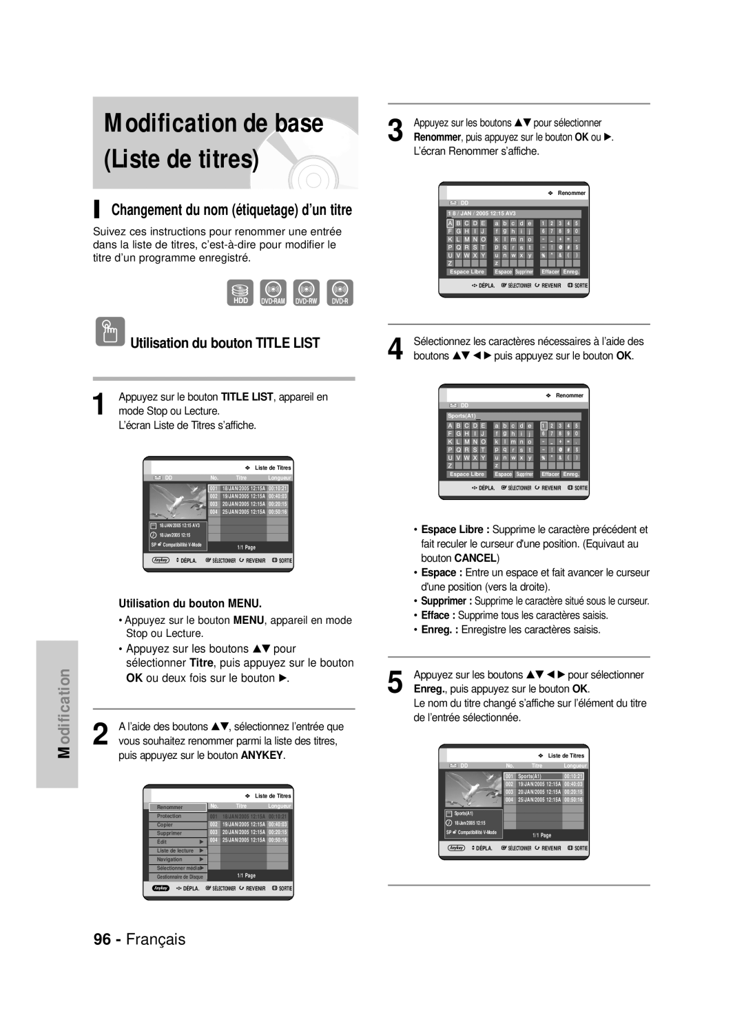 Samsung DVD-HR725/XEF, DVD-HR725P manual Changement du nom étiquetage d’un titre, Utilisation Bouton, …† pour, Appareil en 