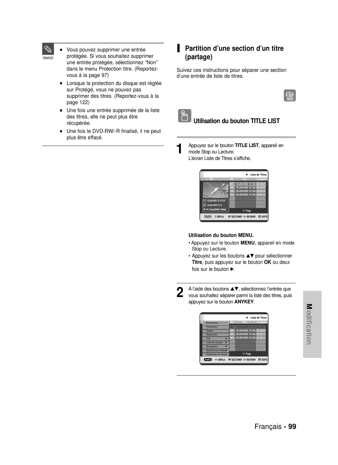 Samsung DVD-HR725P, DVD-HR725/XEF manual Partition d’une section d’un titre partage, Vous pouvez supprimer une entrée 