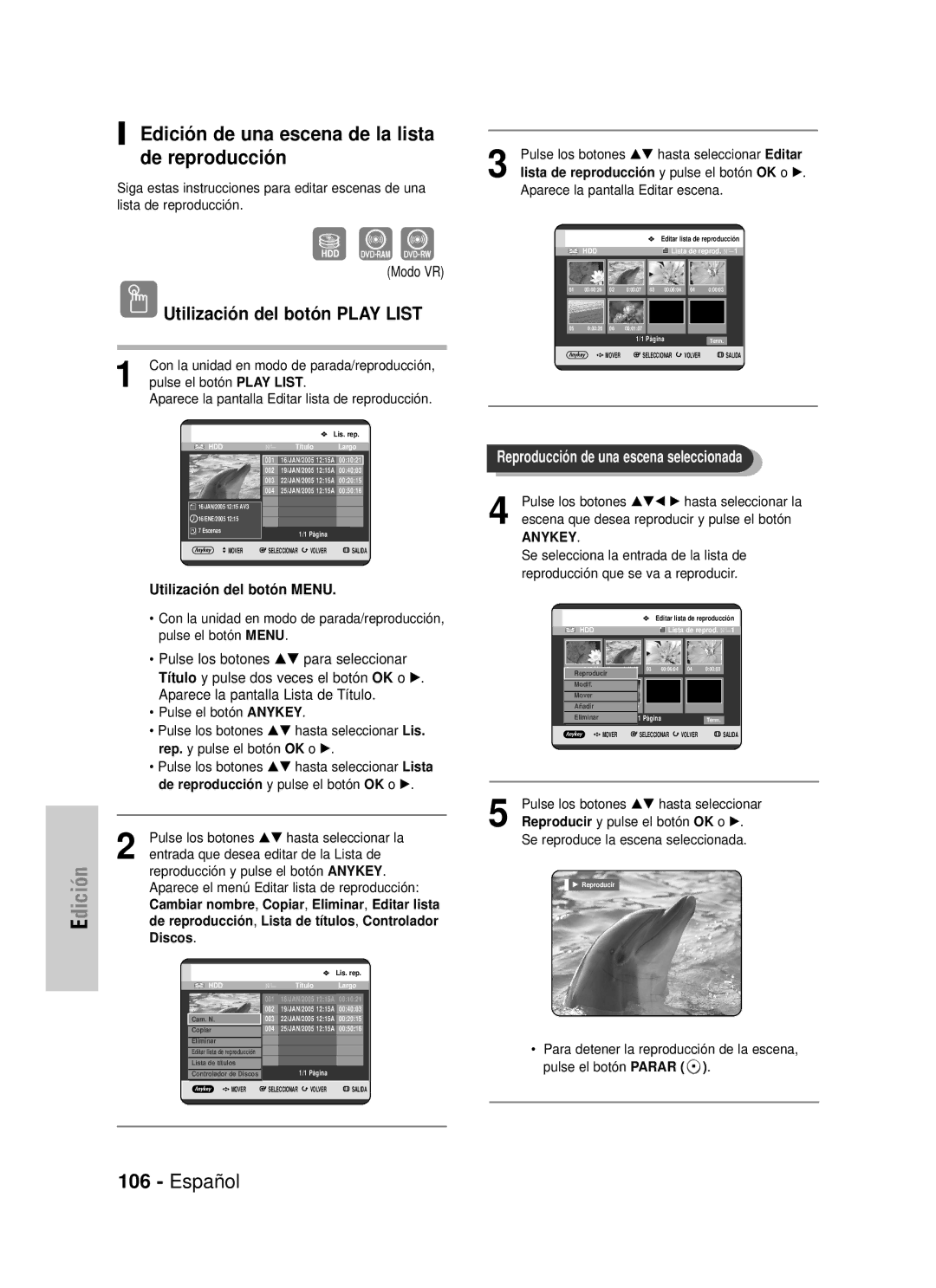 Samsung DVD-HR725/EUR Edición de una escena de la lista de reproducción, Pulse los botones …† hasta seleccionar Editar 