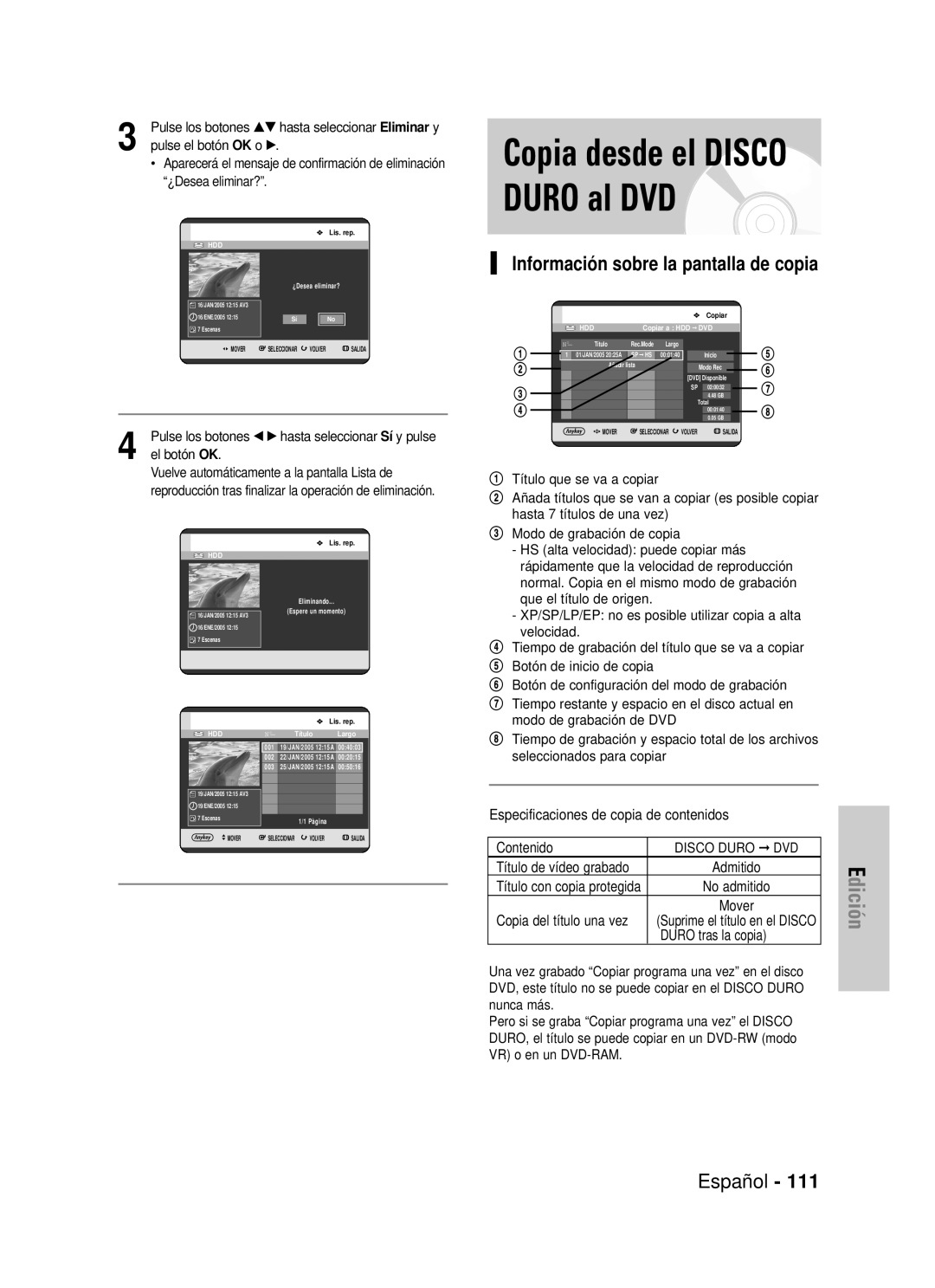 Samsung DVD-HR725/XEH Información sobre la pantalla de copia, Especificaciones de copia de contenidos Contenido, Admitido 